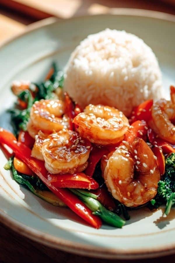 High-Protein Honey Garlic Shrimp sizzling in a pan with a glossy honey garlic glaze, close-up shot showing texture and rich color, healthy high-protein shrimp dinner.