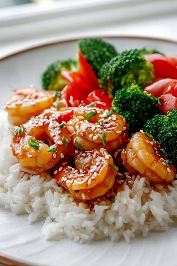 High-Protein Honey Garlic Shrimp including shrimp, garlic, honey, soy sauce, and vegetables.