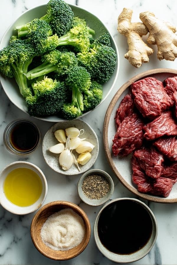 Ingredients for Chinese Beef and Broccoli recipe laid out on counter