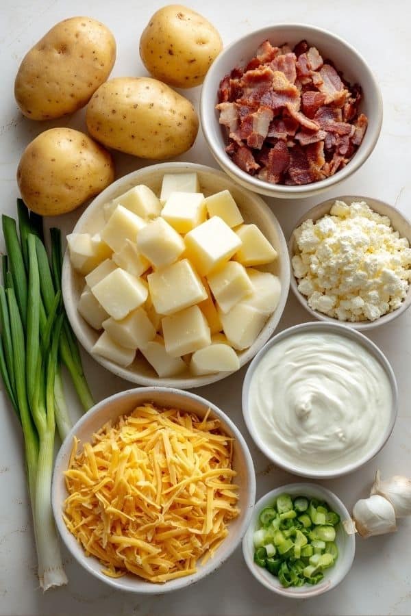 Ingredients for Crock Pot Crack Potato Soup including beef bacon, potatoes, cheese, and cream