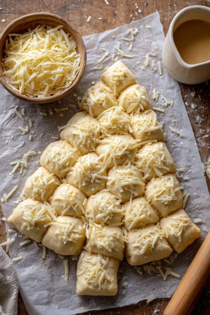 Easy Cheesy Christmas Tree Pull-Apart Bread dough pieces shaped like a tree before baking