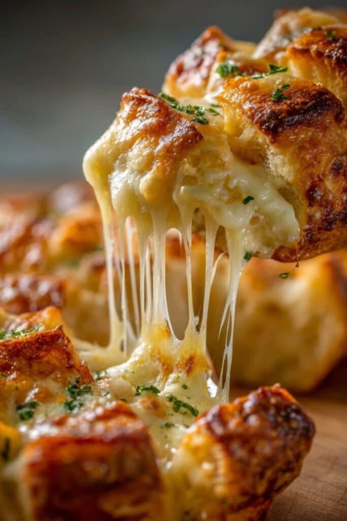 Easy Cheesy Christmas Tree Pull-Apart Bread with melted cheese pull being served