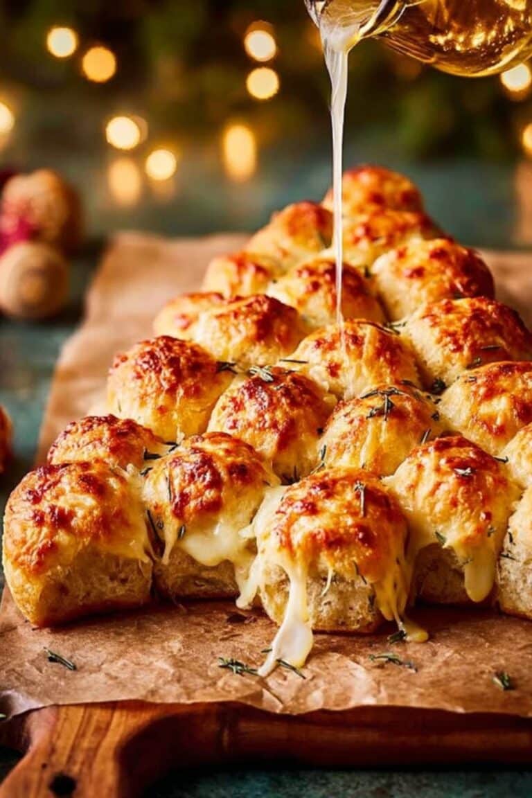 Easy Cheesy Christmas Tree Pull-Apart Bread golden and bubbly on a baking sheet