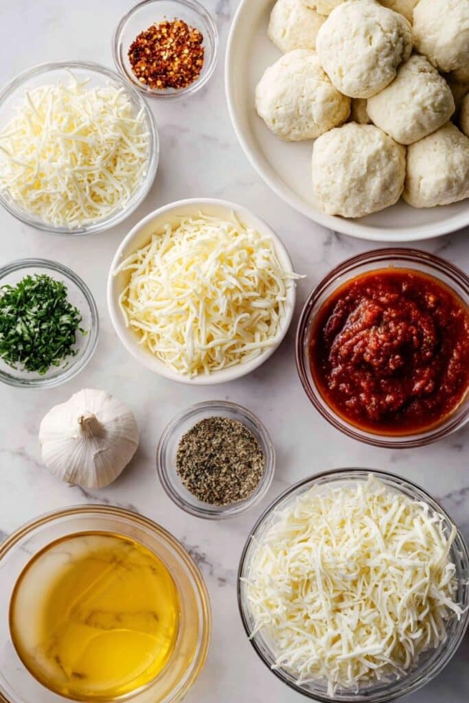 Ingredients for Easy Cheesy Christmas Tree Pull-Apart Bread arranged neatly on a kitchen counter