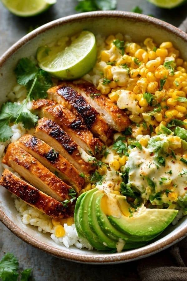 Seasoned chicken for a flavor-packed Street Corn Chicken Rice Bowl