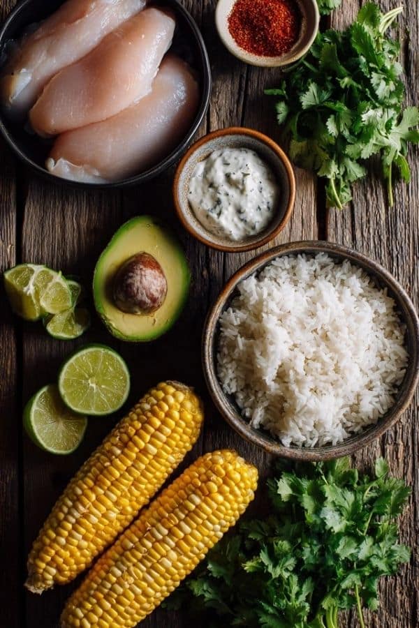 Seasoned chicken ingredients for a flavor-packed Street Corn Chicken Rice Bowl