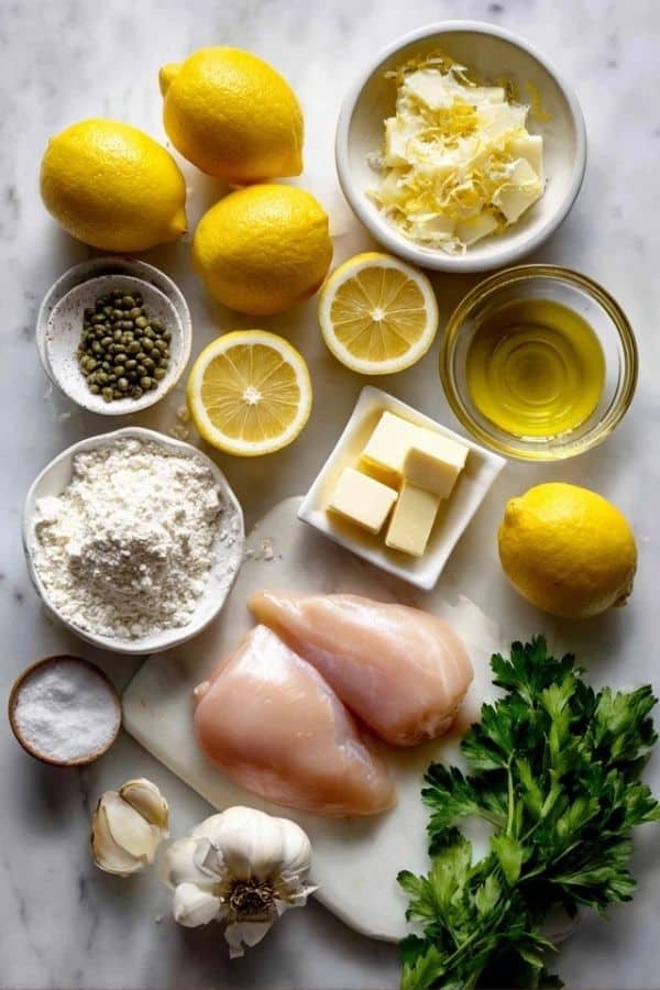 Lemon Chicken Piccata recipe ingredients arranged on marble counter