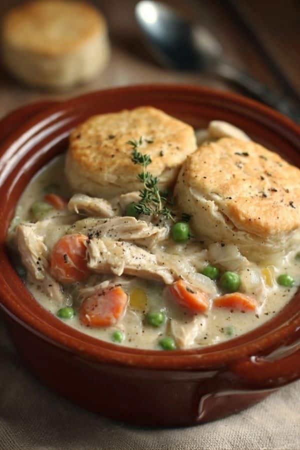 slow cooker chicken pot pie with biscuit topping