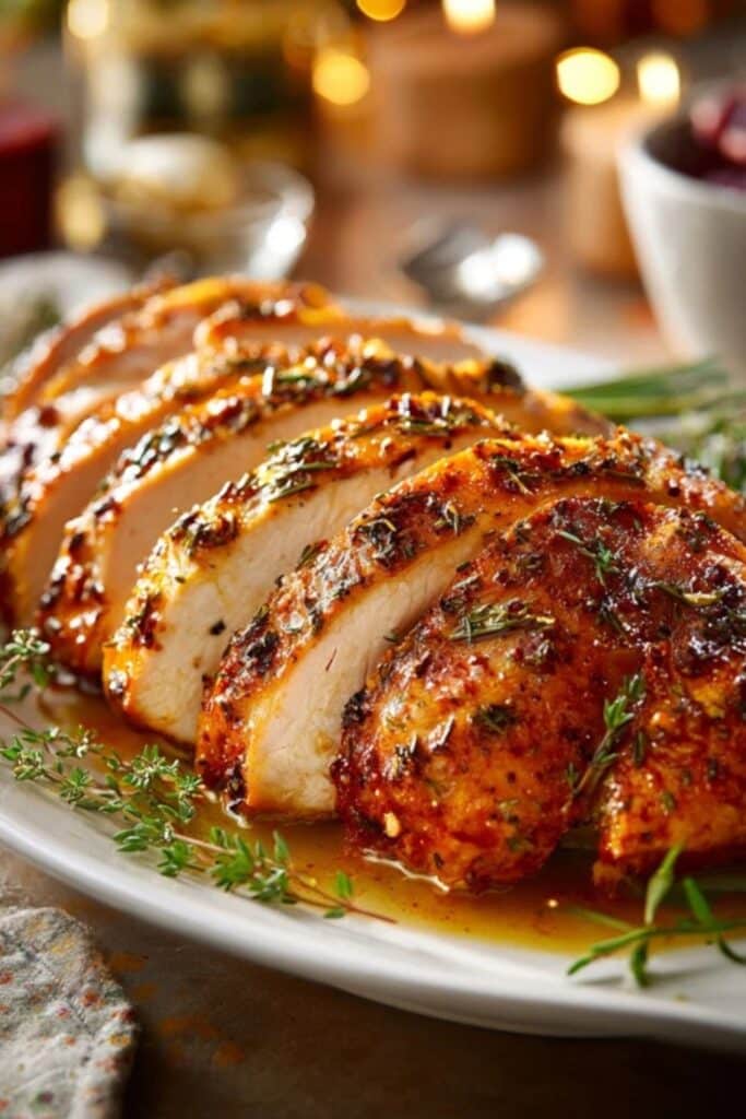 The Juiciest Slow Cooker Turkey Breast sliced and served for holiday dinner