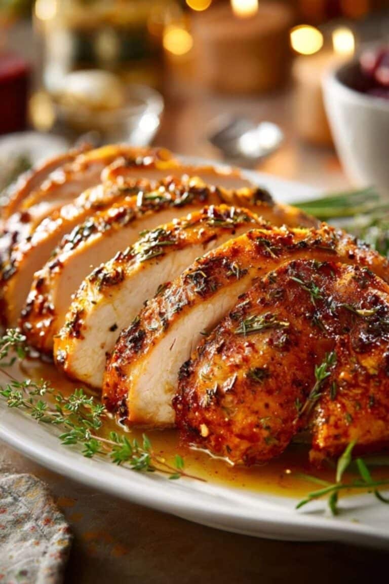 The Juiciest Slow Cooker Turkey Breast sliced and served for holiday dinner