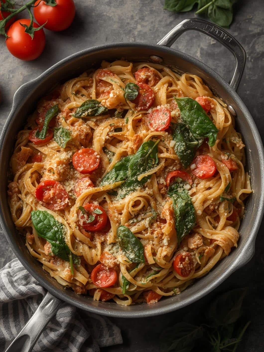 One Pan Creamy Tomato Spinach Pasta