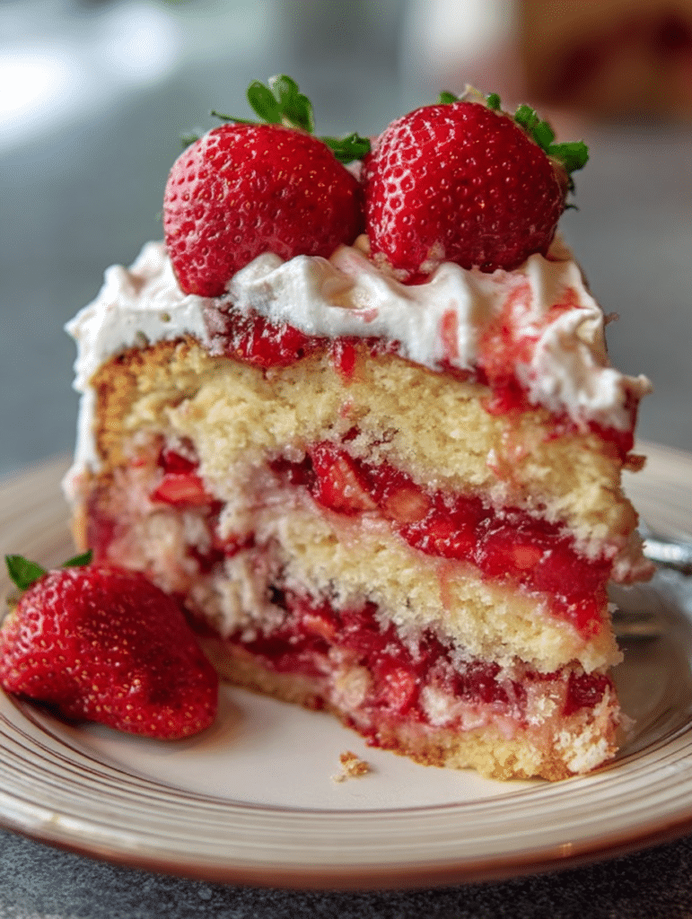 Freshly baked Strawberry Earthquake Cake in a baking dish with cream cheese swirls and fresh strawberries