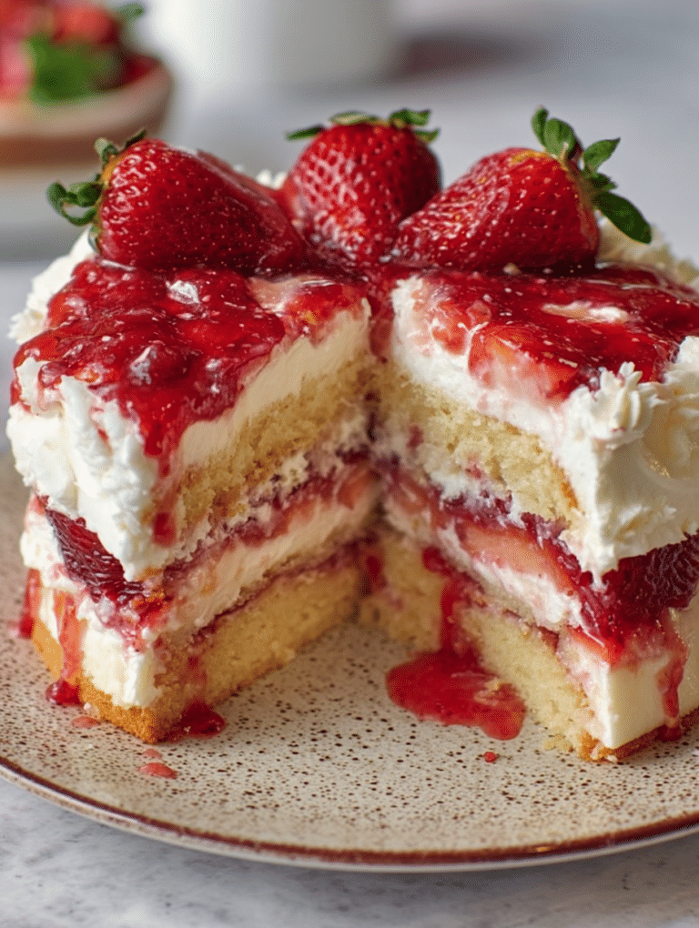 Freshly baked Strawberry Earthquake Cake in a baking dish with cream cheese swirls and fresh strawberrie