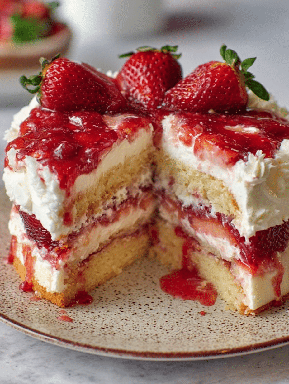 Freshly baked Strawberry Earthquake Cake in a baking dish with cream cheese swirls and fresh strawberrie