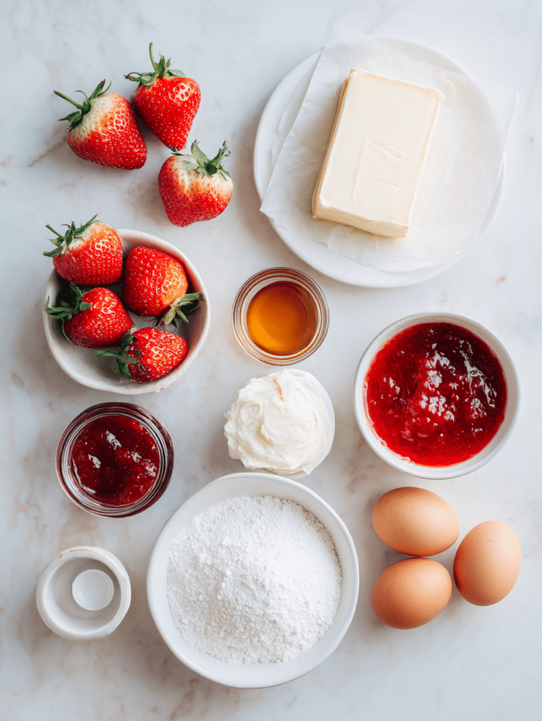 Ingredients for Strawberry Earthquake Cake including fresh strawberries, cream cheese, butter, jam, and cake mix